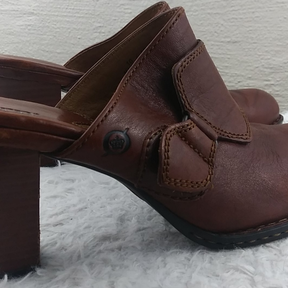 Born Handcrafted Footwear Brown Leather Upper Almond Toe Blocked Heel Clog Shoe - Picture 10 of 14